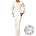 Elegant white lace and satin long sleeve tassel gown with textured sleeves and a sleek satin skirt