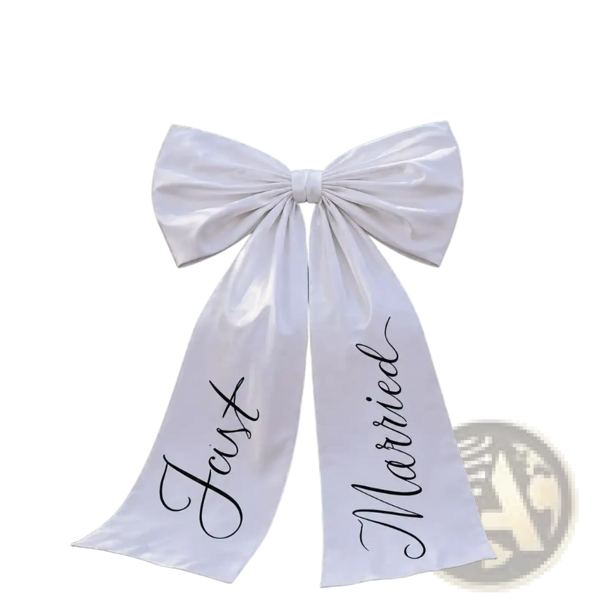 Elegant large white satin wedding car bow with just married script in black cursive used as wedding day decor