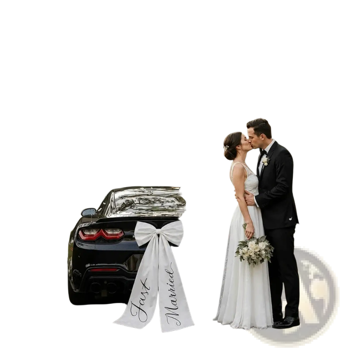 Back view of black Chevrolet Camaro decorated with large white satin wedding car bow and just married ribbon