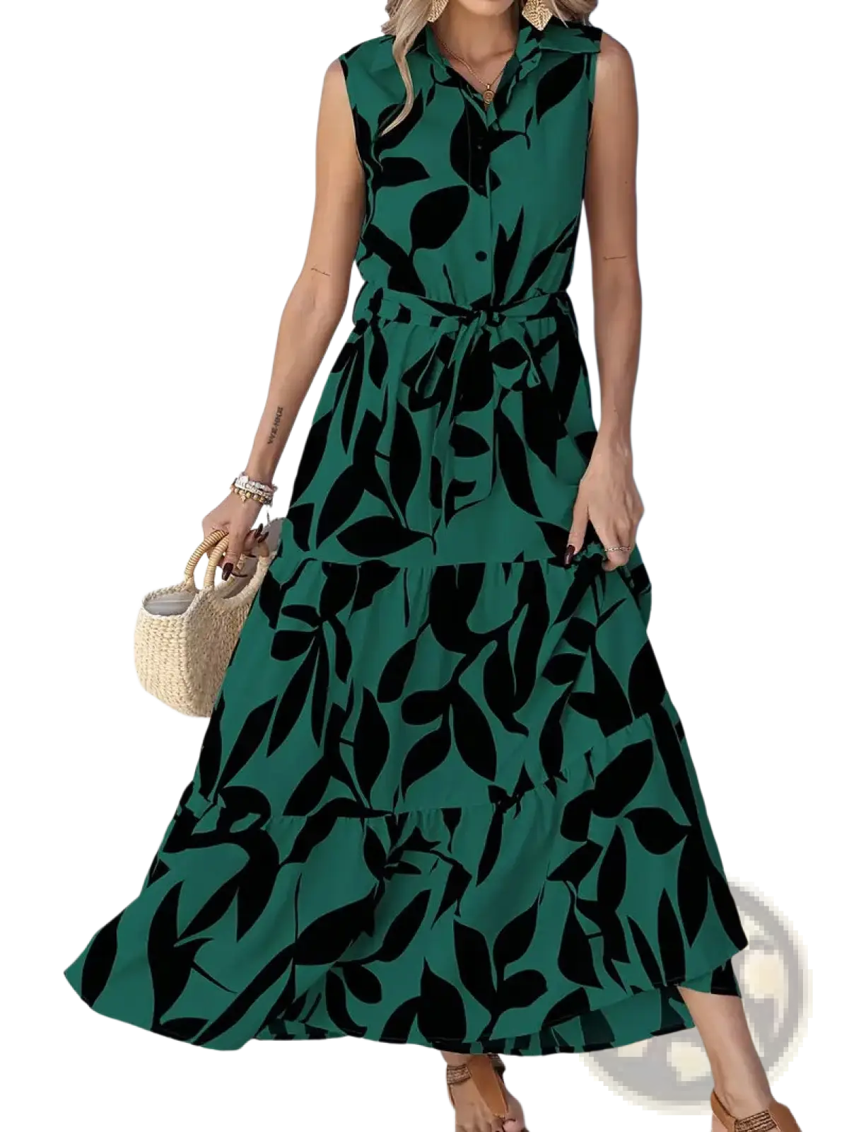 Elegant leaf print sleeveless tiered maxi dress in green with black leaf pattern and button-front design