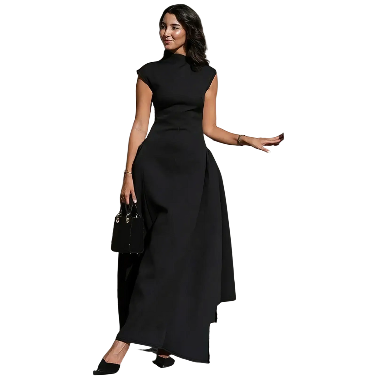 Black sleeveless high-neck midi a-line evening dress with flowing skirt and subtle side slit for formal occasions