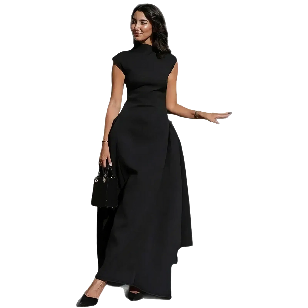 Elegant a-line evening dress in black featuring a sleeveless high-neck design and flowing asymmetrical hemline
