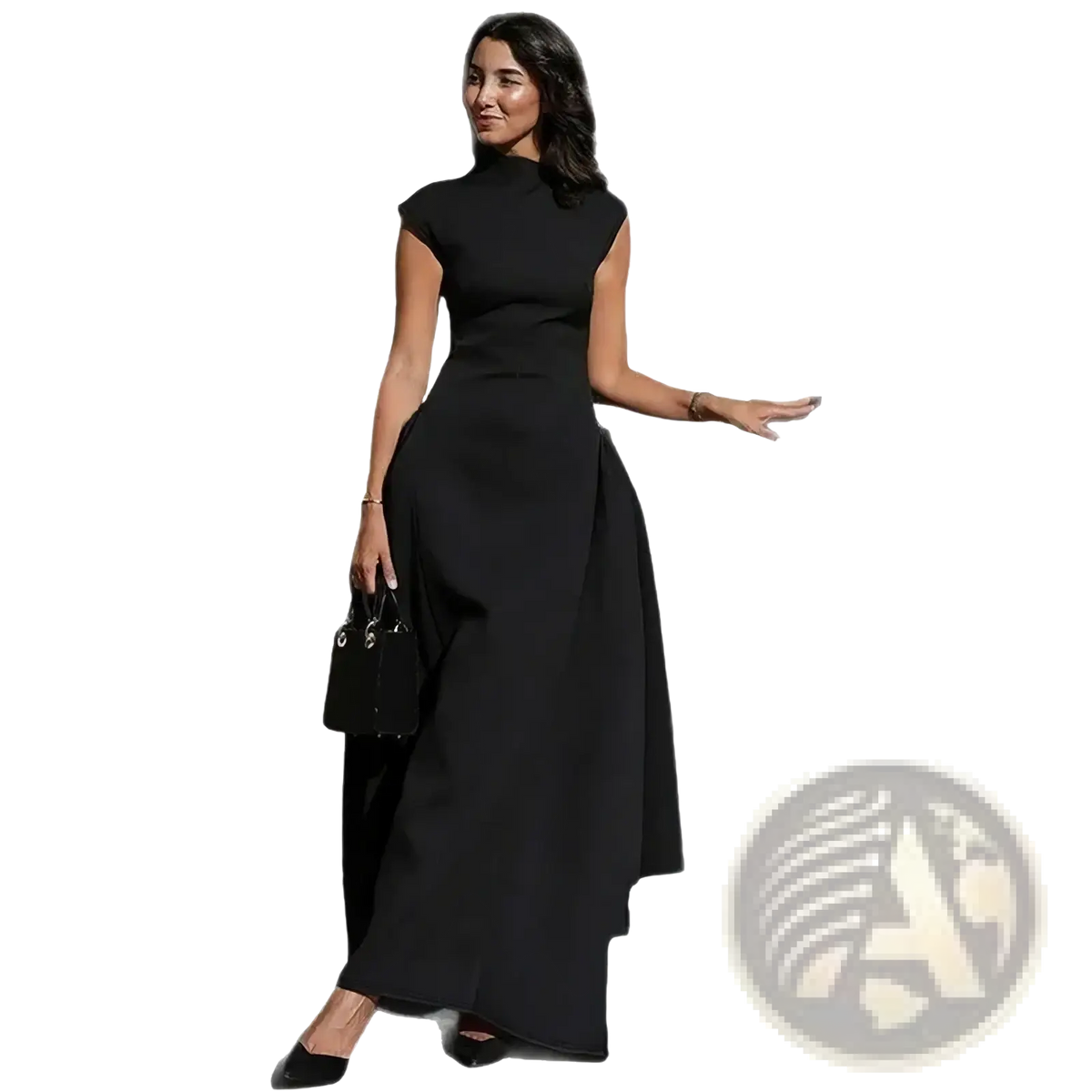 Elegant a-line evening dress in black featuring a sleeveless high-neck design and flowing asymmetrical hemline