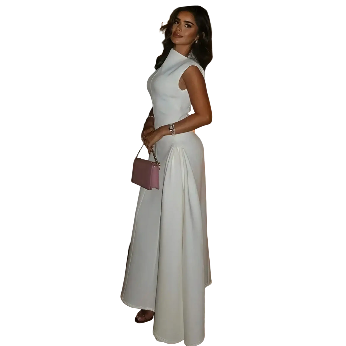 A sleek sleeveless white satin elegant A-line evening dress with a high neckline and flowing skirt