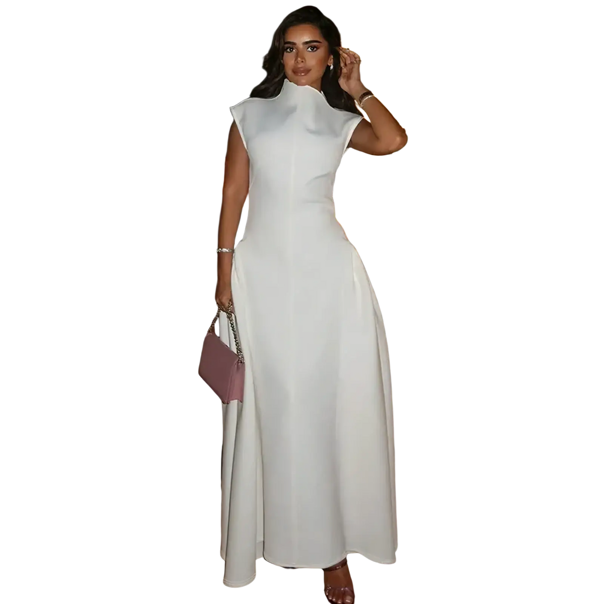 Elegant a-line evening dress in sleek white with a sleeveless high neckline and flowing maxi skirt for formal occasions