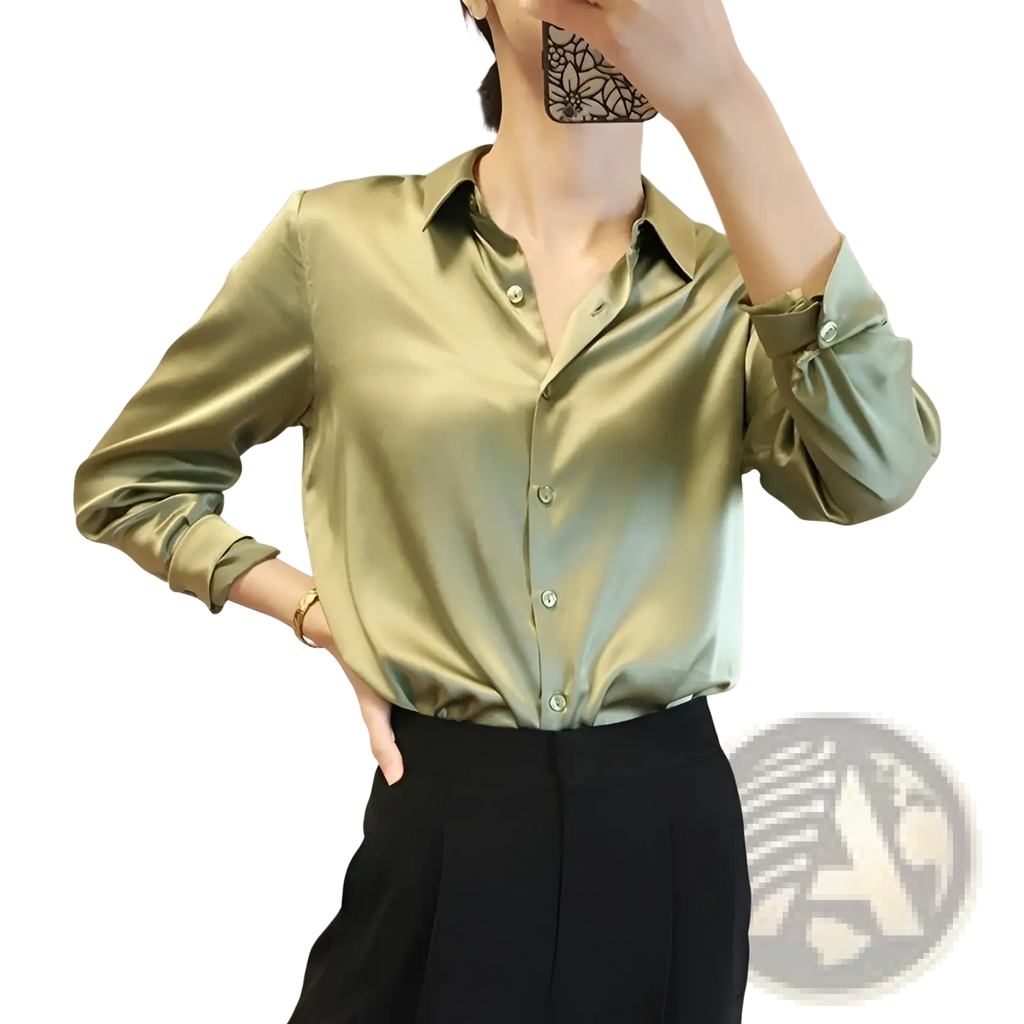 A sleek olive green satin blouse with a classic button-down front and rolled-up long sleeves made of silk