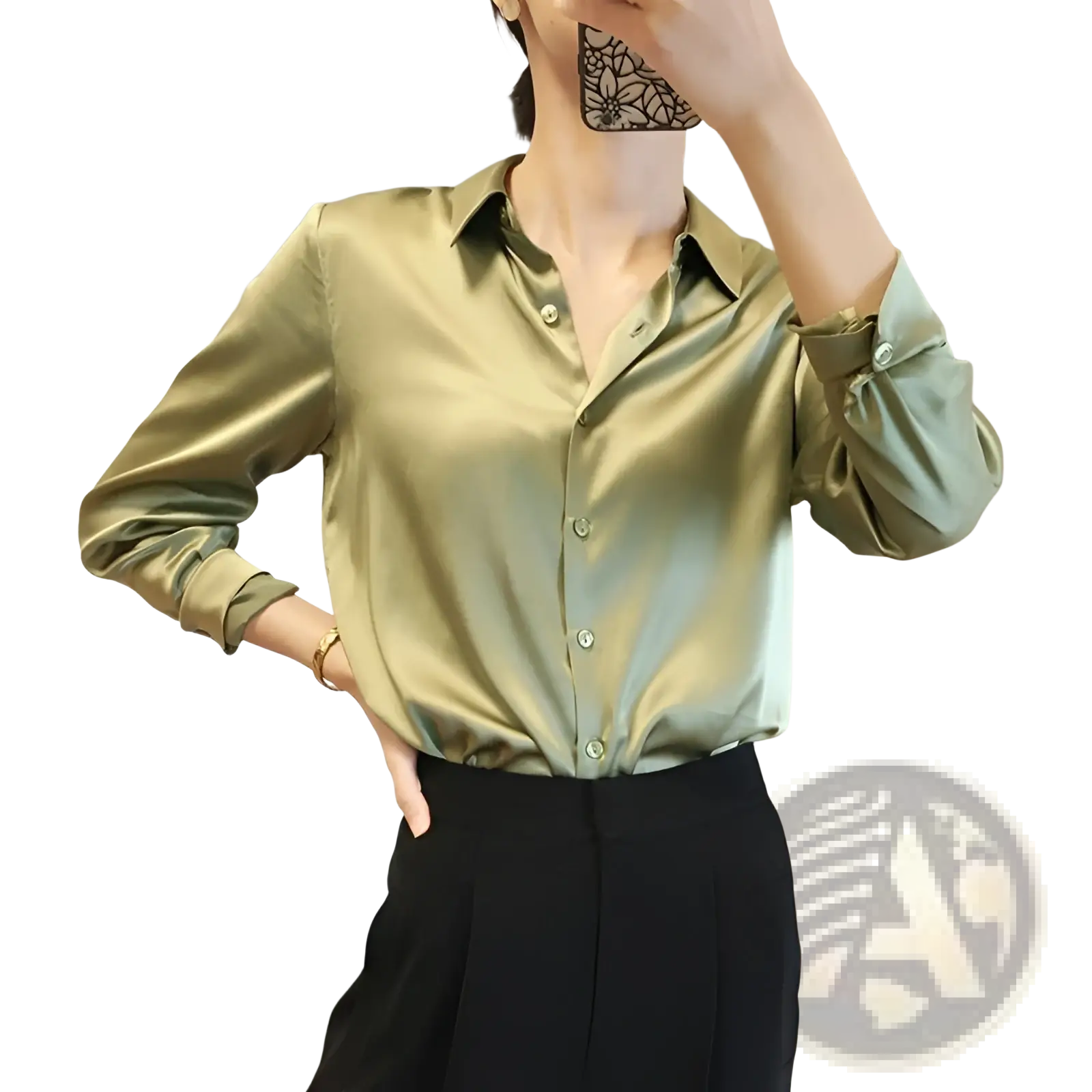 A sleek olive green satin blouse with a classic button-down front and rolled-up long sleeves made of silk