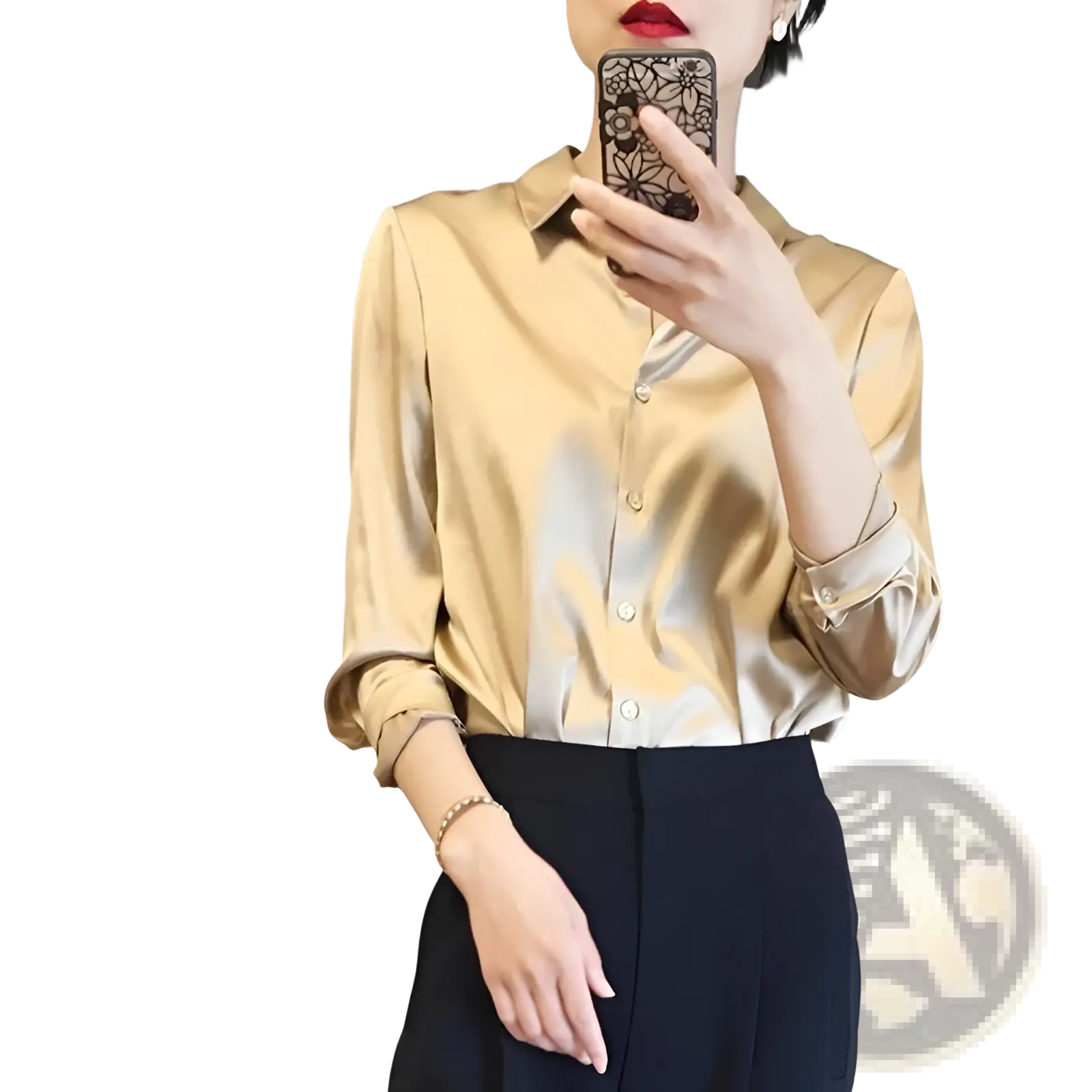 A sleek gold satin blouse with classic button-down design and rolled-up long sleeves in silk material
