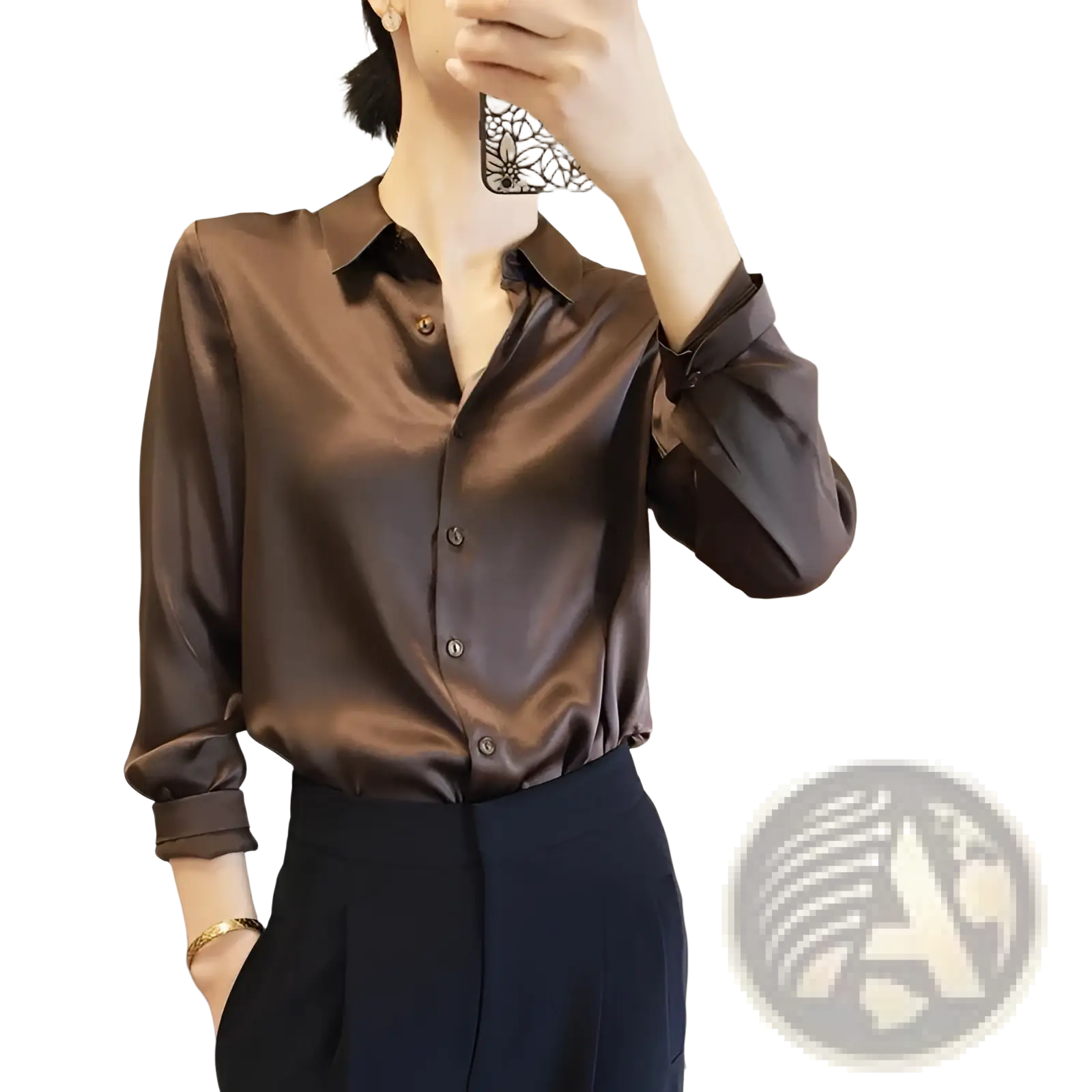 A sleek long sleeve brown satin blouse with classic collar and button down front made of elegant silk material
