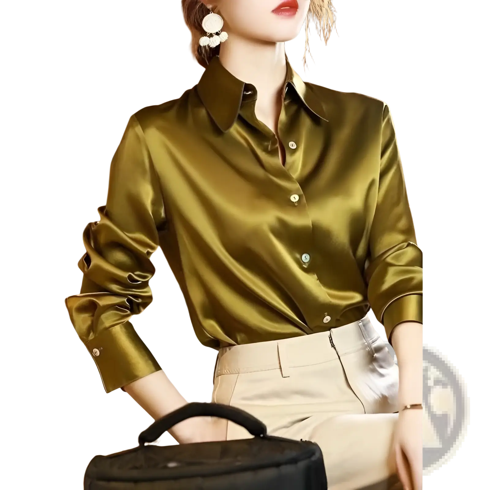 Olive green satin button-up blouse with ruched sleeves made of silk for an elegant long sleeve look