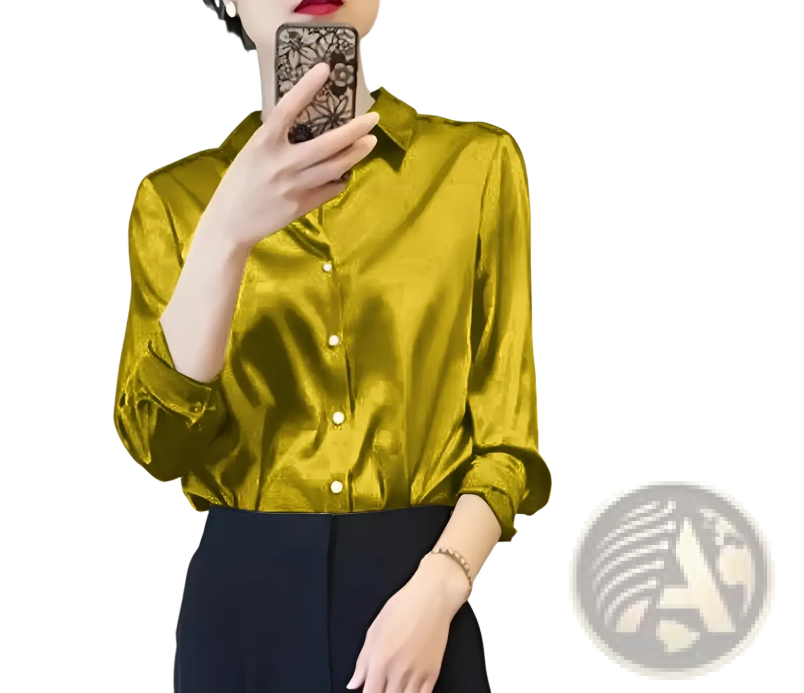 A shimmering olive green satin blouse with a classic collar and button down front in elegant long sleeve silk design