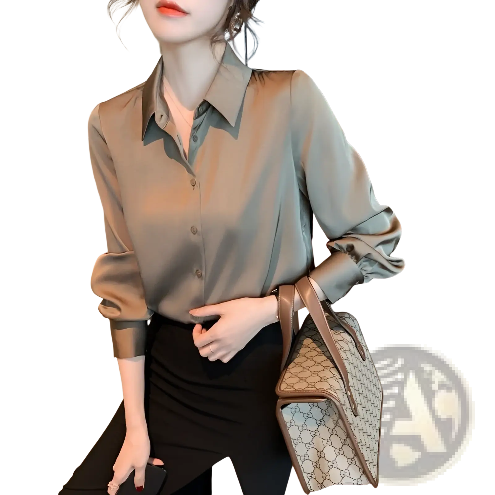 A sleek olive-green long sleeve satin blouse with a classic collar and button-down front made of silk