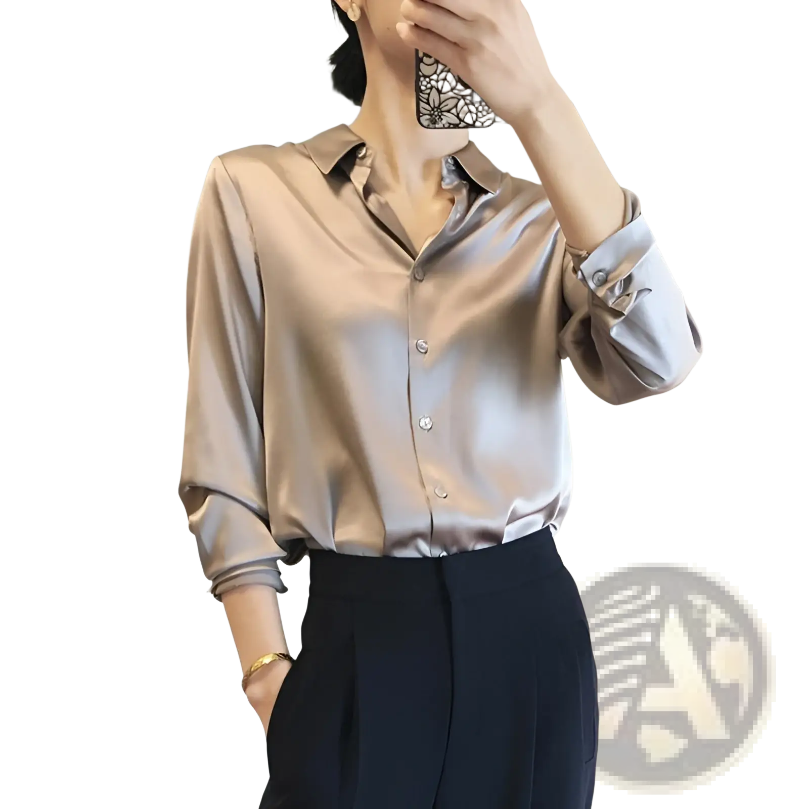 Elegant long sleeve satin button down silk blouse in beige with rolled cuffs and a classic collar for formal wear