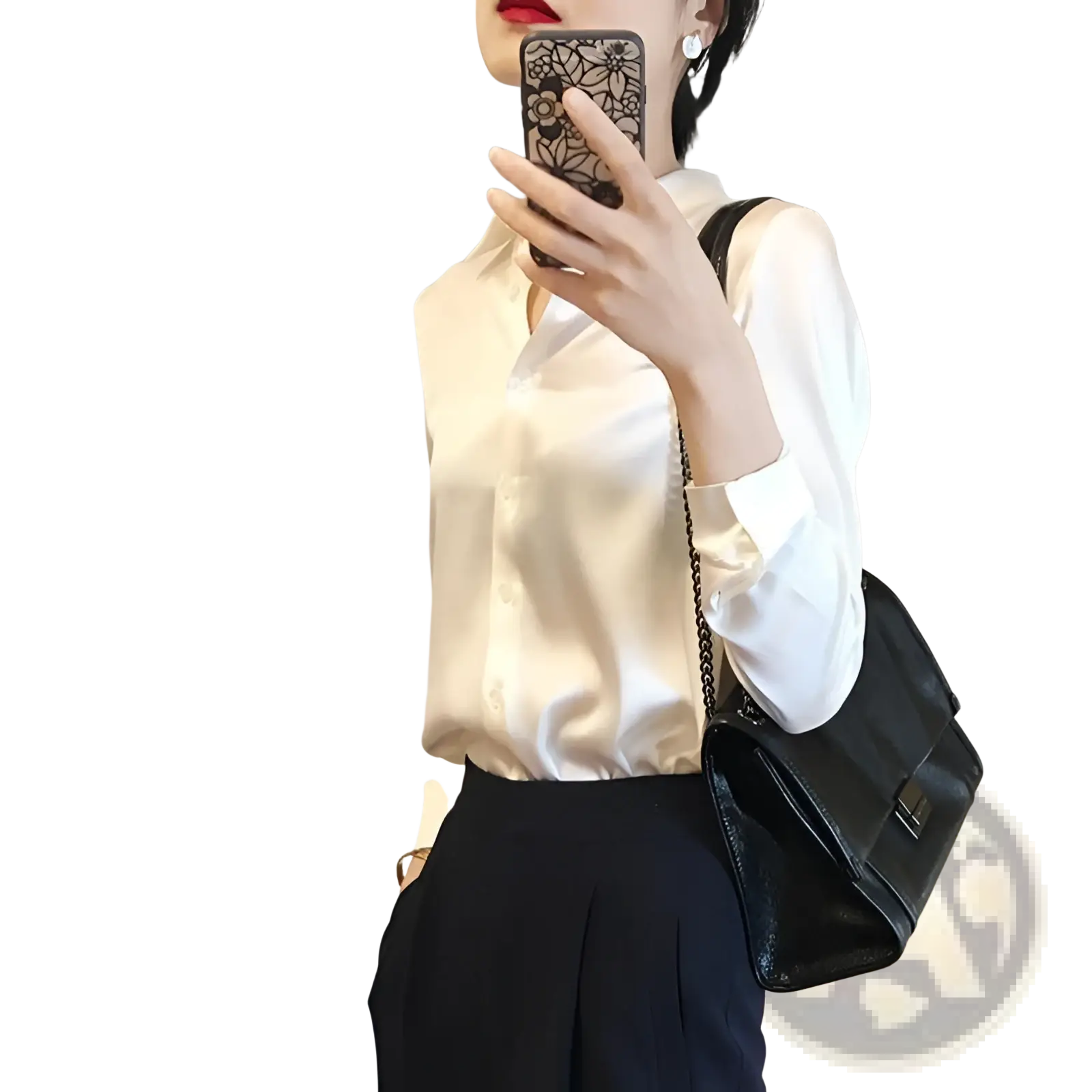 Cream-colored long sleeve satin blouse with classic button-down collar in elegant silk material