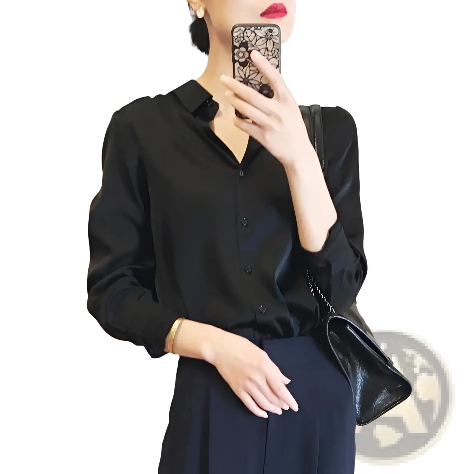 Black satin long sleeve button down blouse with subtle sheen and classic collar made of silk fabric