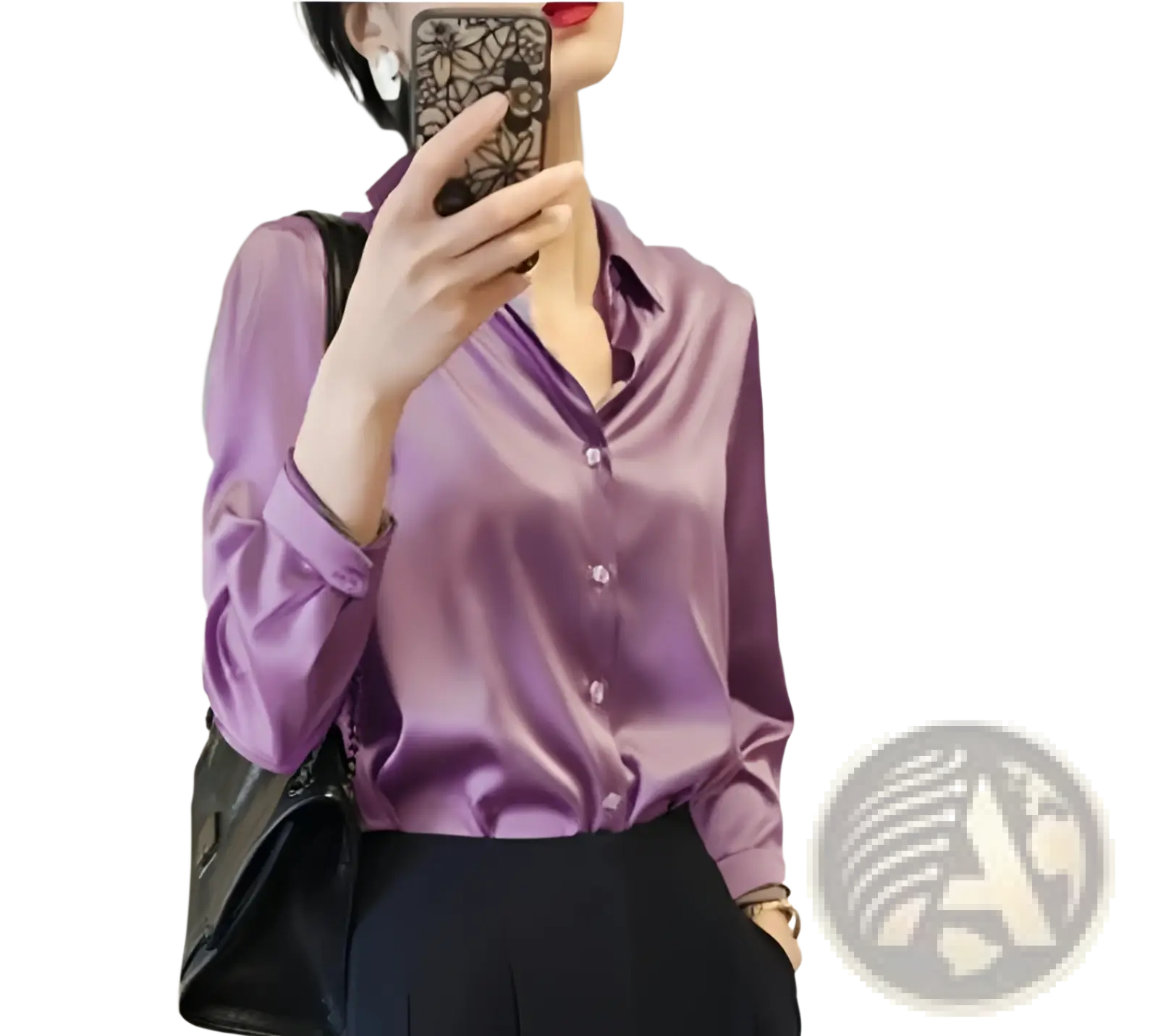 A sleek satin finish lavender long sleeve button down silk blouse with a classic collar for elegant wear