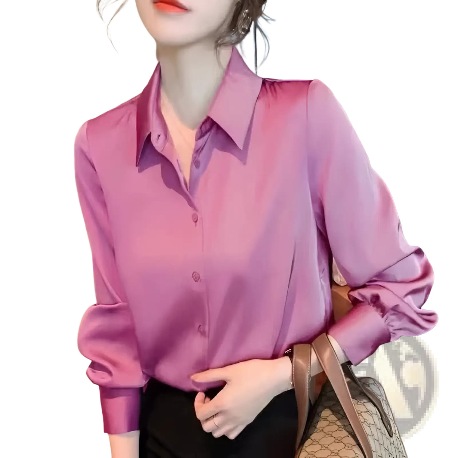 A sleek satin-finish pink long sleeve silk blouse with a classic collar and button-down front for elegant wear
