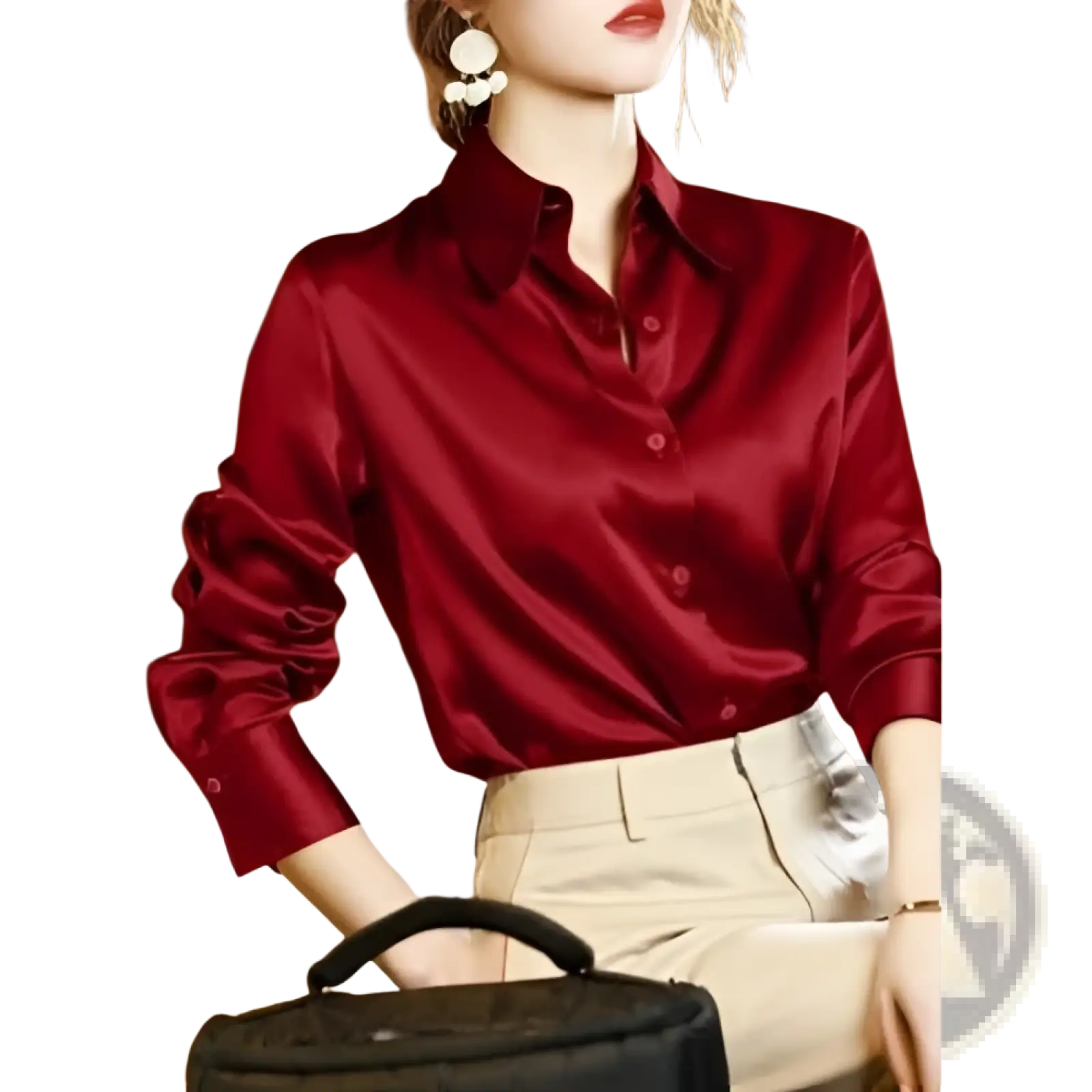A rich burgundy long sleeve satin blouse with a classic collar and button-down front in elegant silk material
