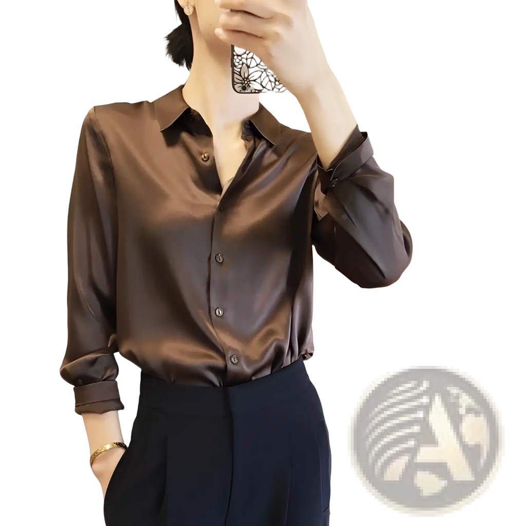 A sleek long sleeve brown satin blouse with a classic collar and button down front for elegant wear