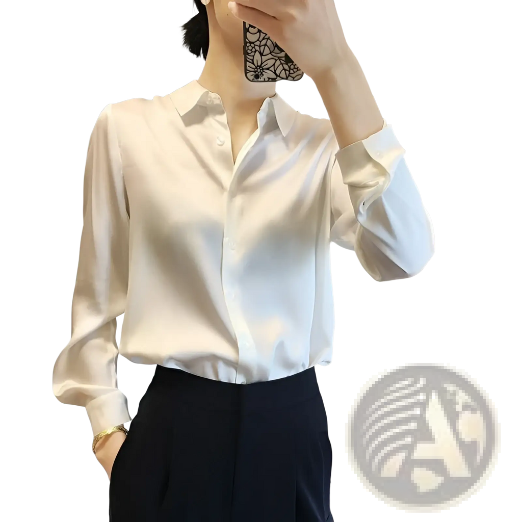 A sleek long sleeve white satin blouse with a classic collar and button down front from elegant silk collection