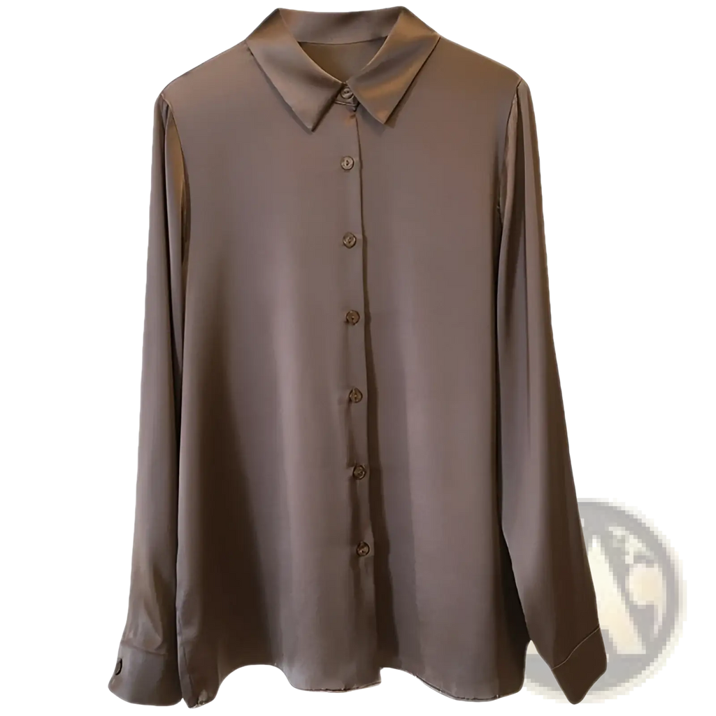 A sleek brown long sleeve satin blouse with a classic collar and matching buttons made from silk