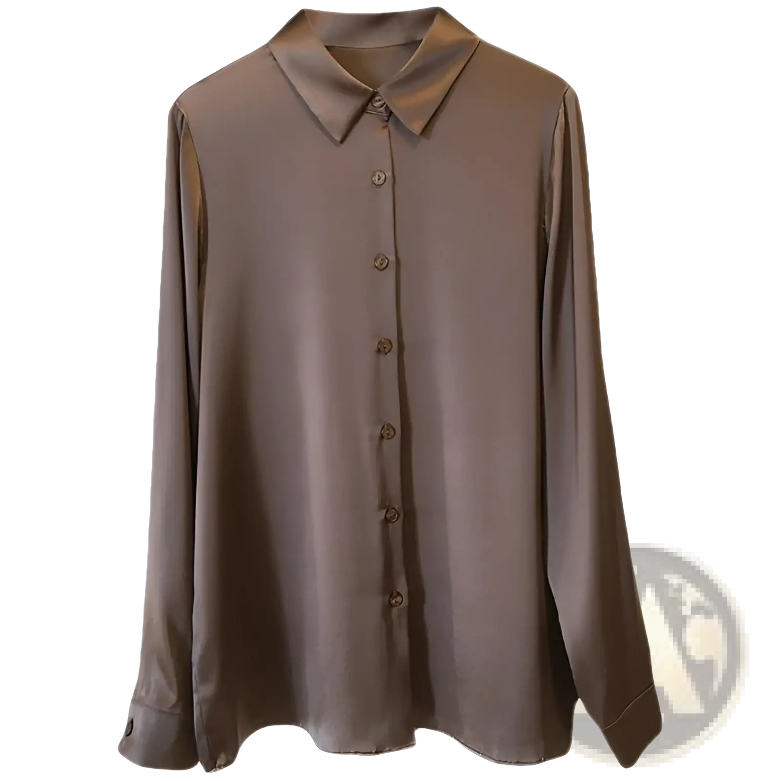 A sleek brown long sleeve satin blouse with a classic collar and matching buttons made from silk