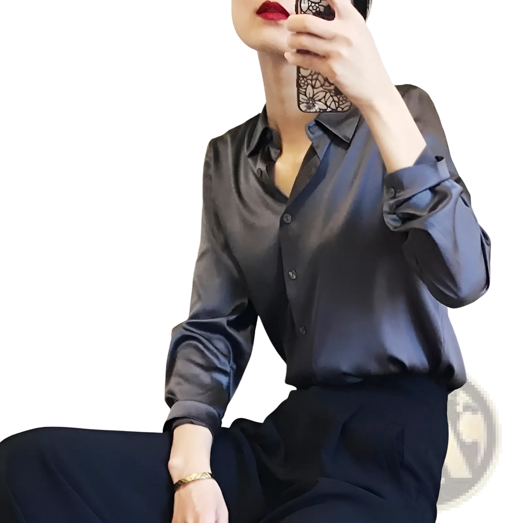 Elegant long sleeve dark gray satin button-up shirt with classic collar made from silk for a sophisticated look