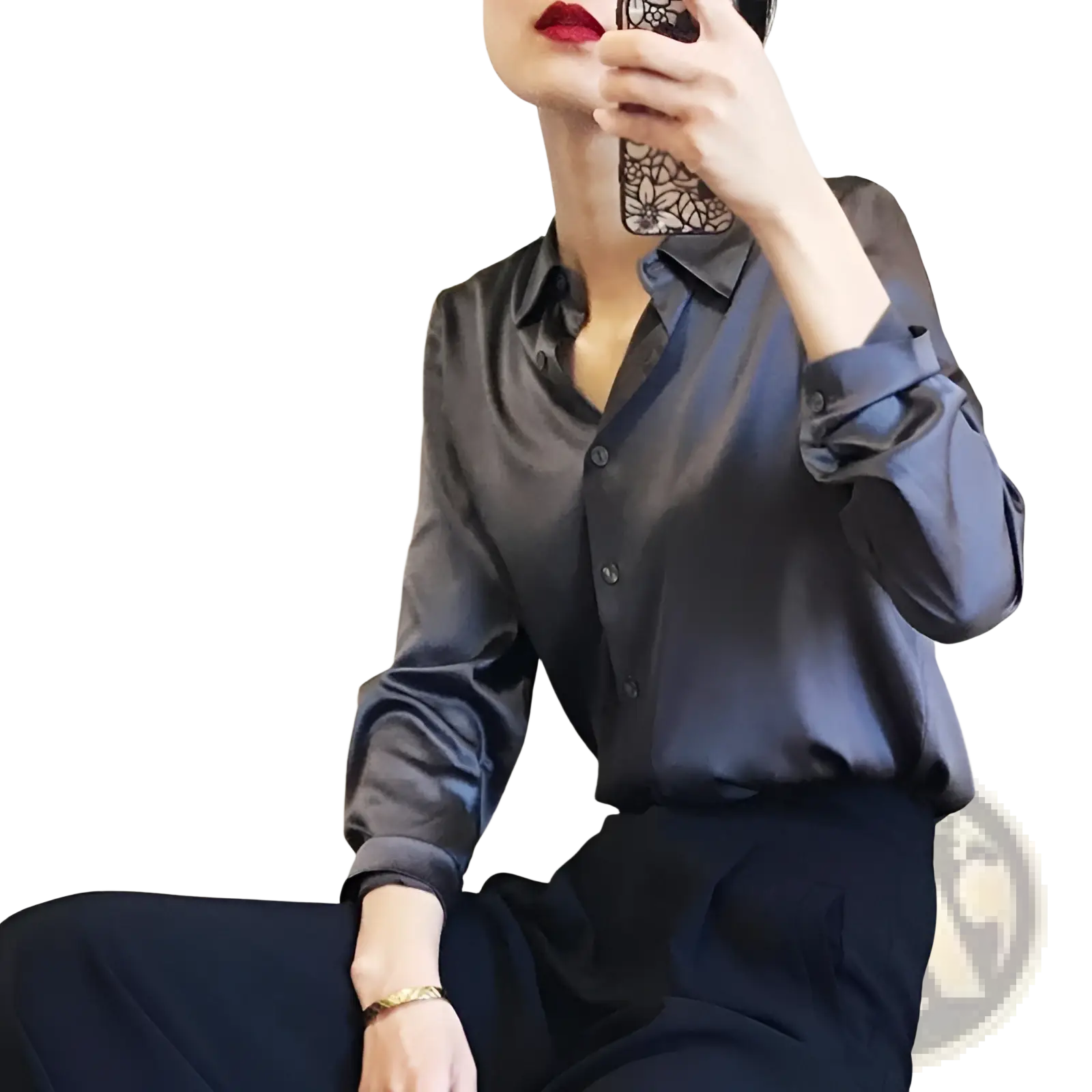 Elegant long sleeve dark gray satin button-up shirt with classic collar made from silk for a sophisticated look