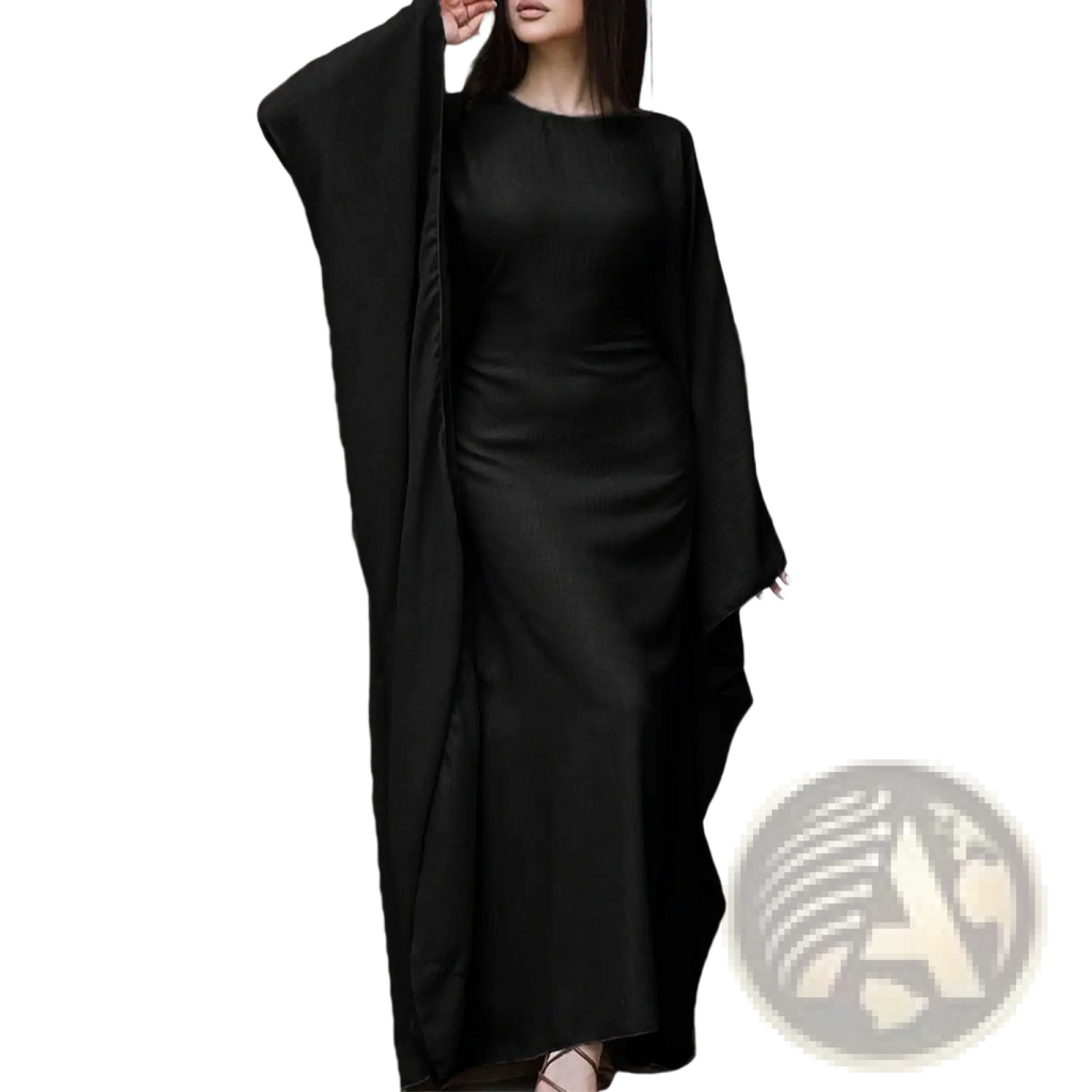 Elegant black satin abaya with flowing wide sleeves and sleek floor-length design resembling a satin maxi dress