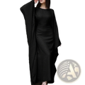 Elegant black satin abaya with flowing wide sleeves and sleek floor-length design resembling a satin maxi dress