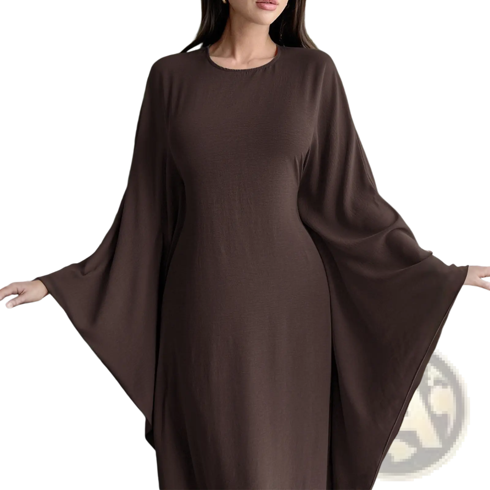 Elegant long sleeve satin maxi dress in solid brown with wide bell-shaped sleeves and a simple round neckline