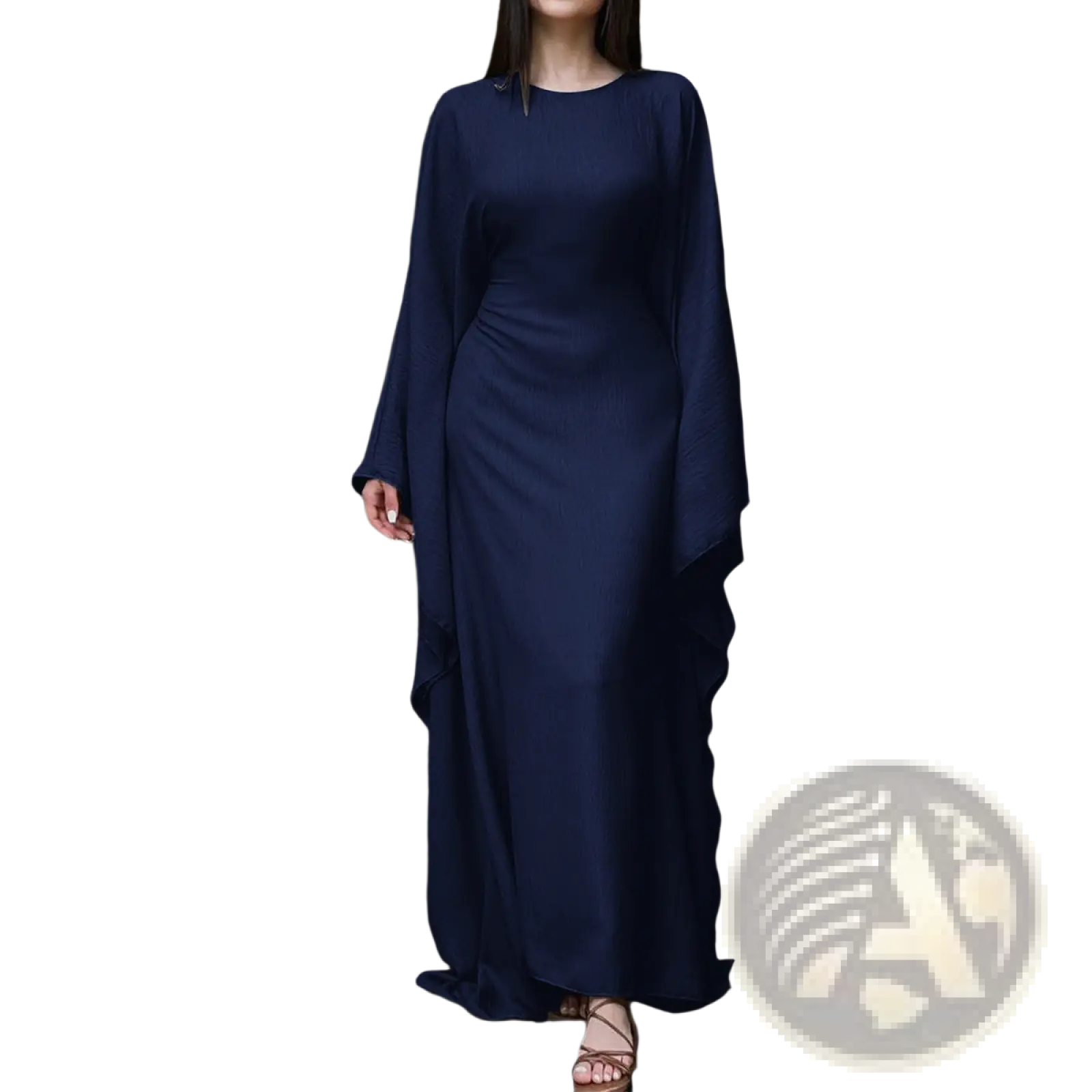 A flowing navy blue satin maxi dress with long wide sleeves and a ruffled hemline for elegant occasions