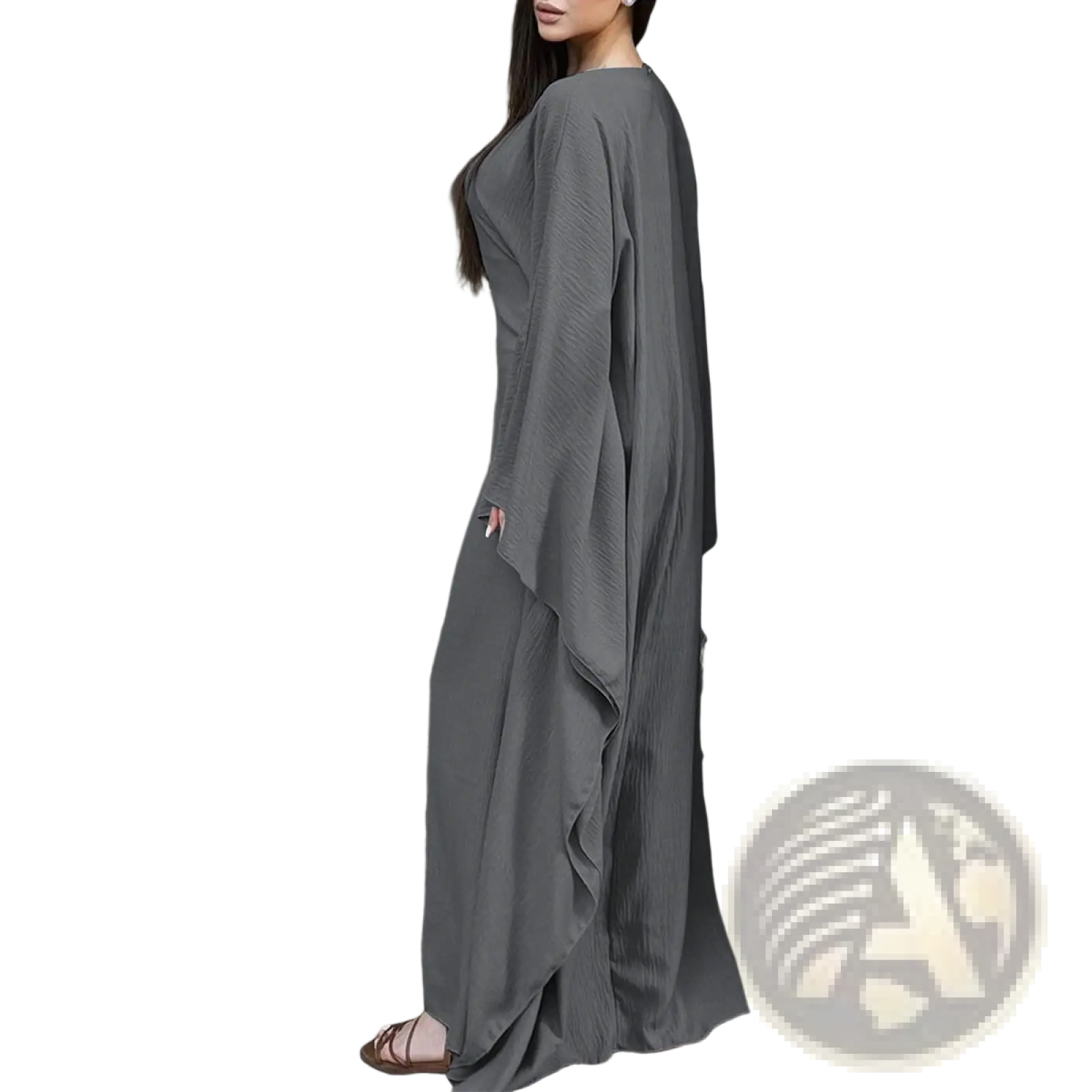 Elegant long sleeve gray satin maxi dress with flowing pleats and an asymmetrical ruffled hemline