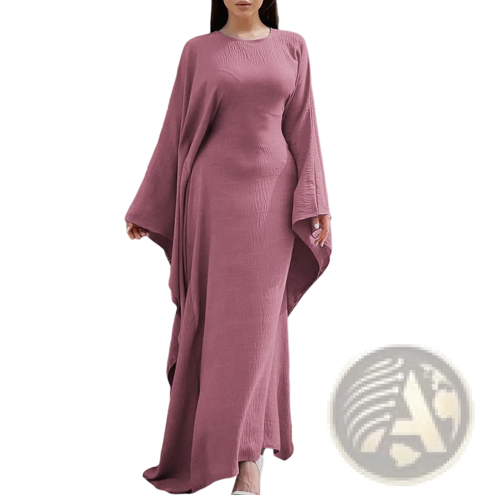 Elegant dusty rose satin maxi dress with long bell sleeves and an asymmetrical ruffled hem in lightweight fabric