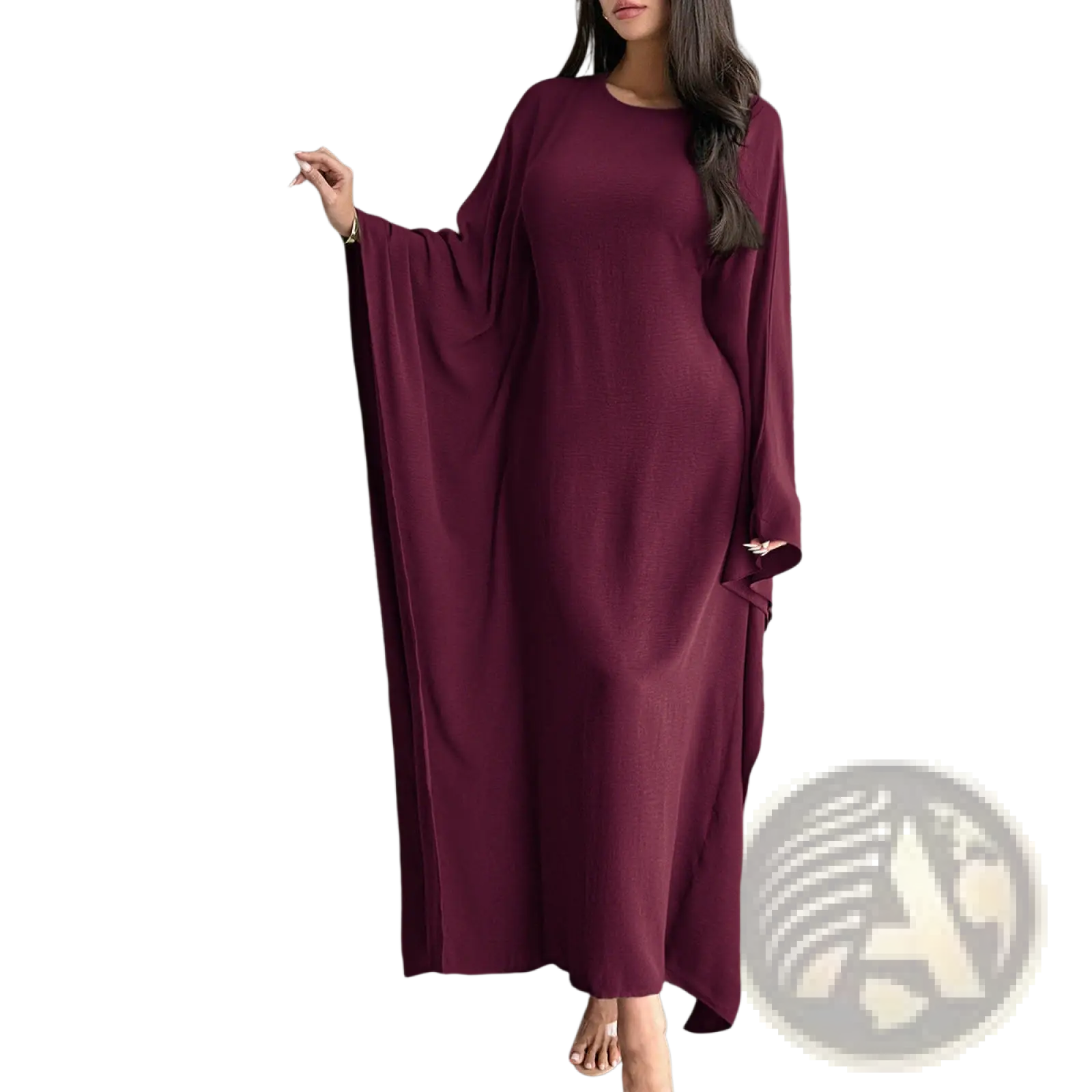 A flowing maroon satin abaya with long wide sleeves and a relaxed fit featuring a ruffled hem