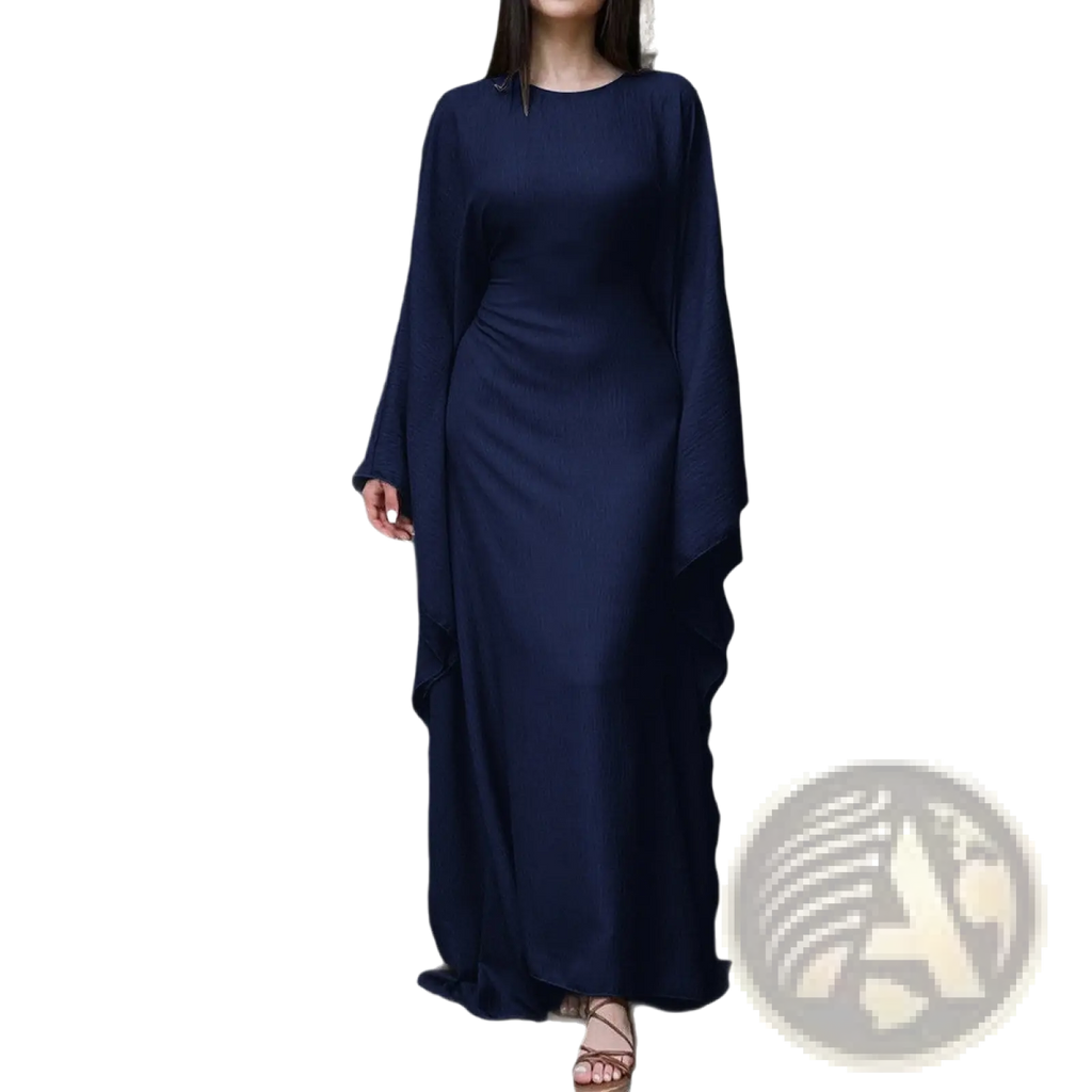 A flowing navy blue satin maxi dress with long wide sleeves and a ruffled hemline for elegant occasions