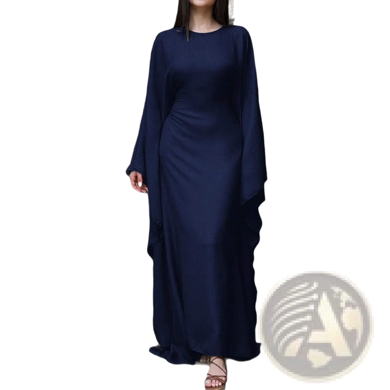 A flowing navy blue satin maxi dress with long wide sleeves and a ruffled hemline for elegant occasions