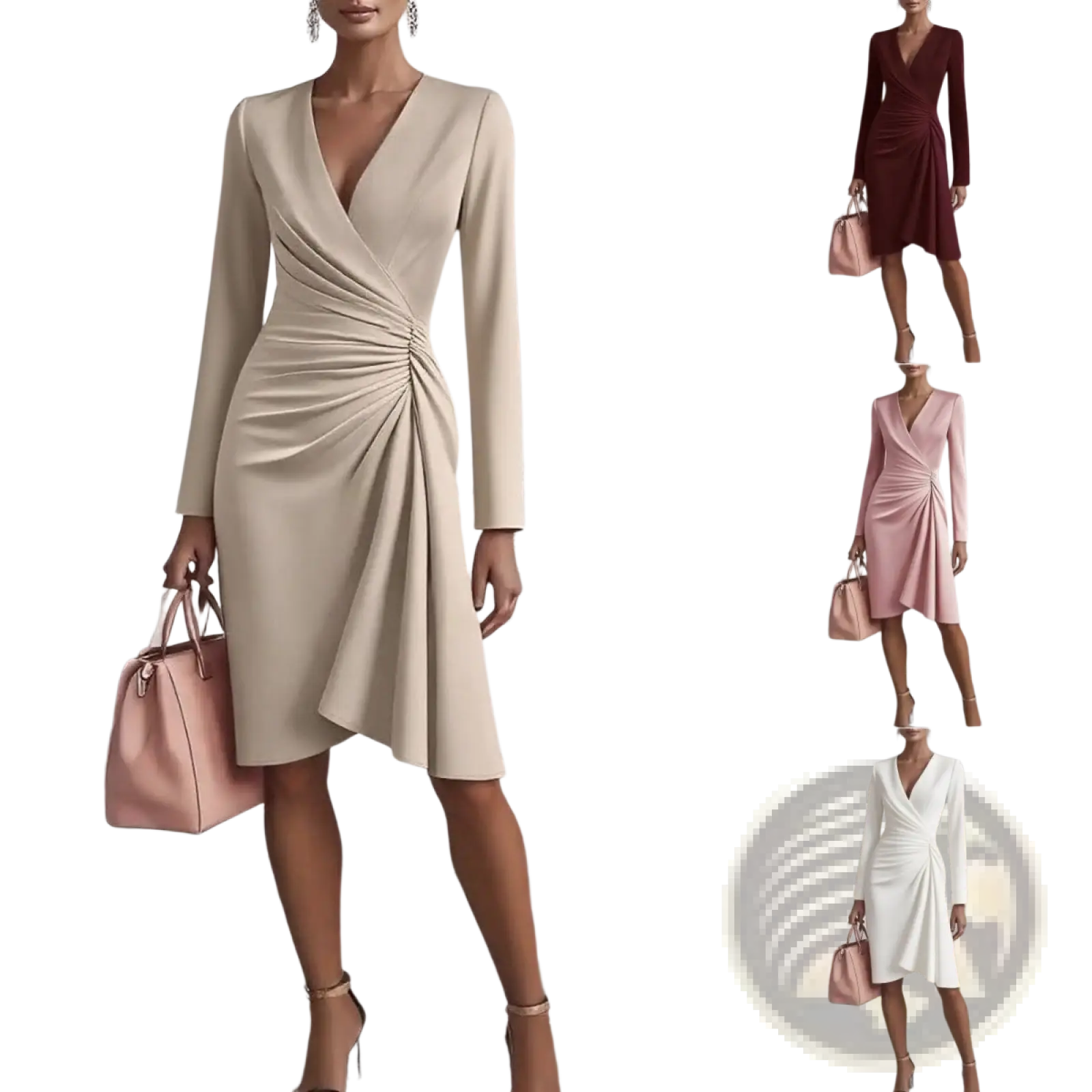 Beige long-sleeved satin wrap dress with v neck pleated bodice and asymmetrical hemline for elegant occasions