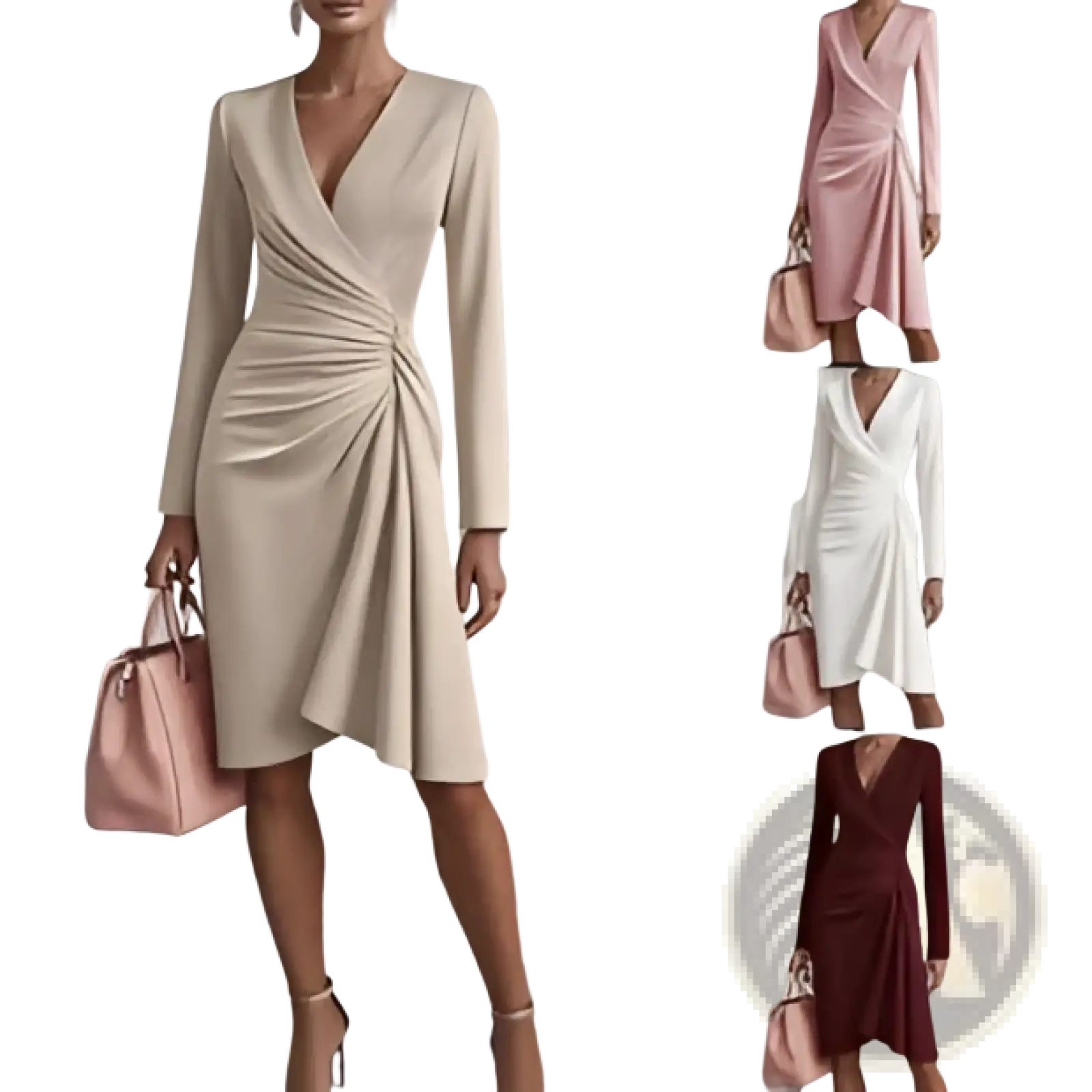 Beige long sleeve wrap dress with draped front and asymmetrical hemline in elegant pleated satin midi style