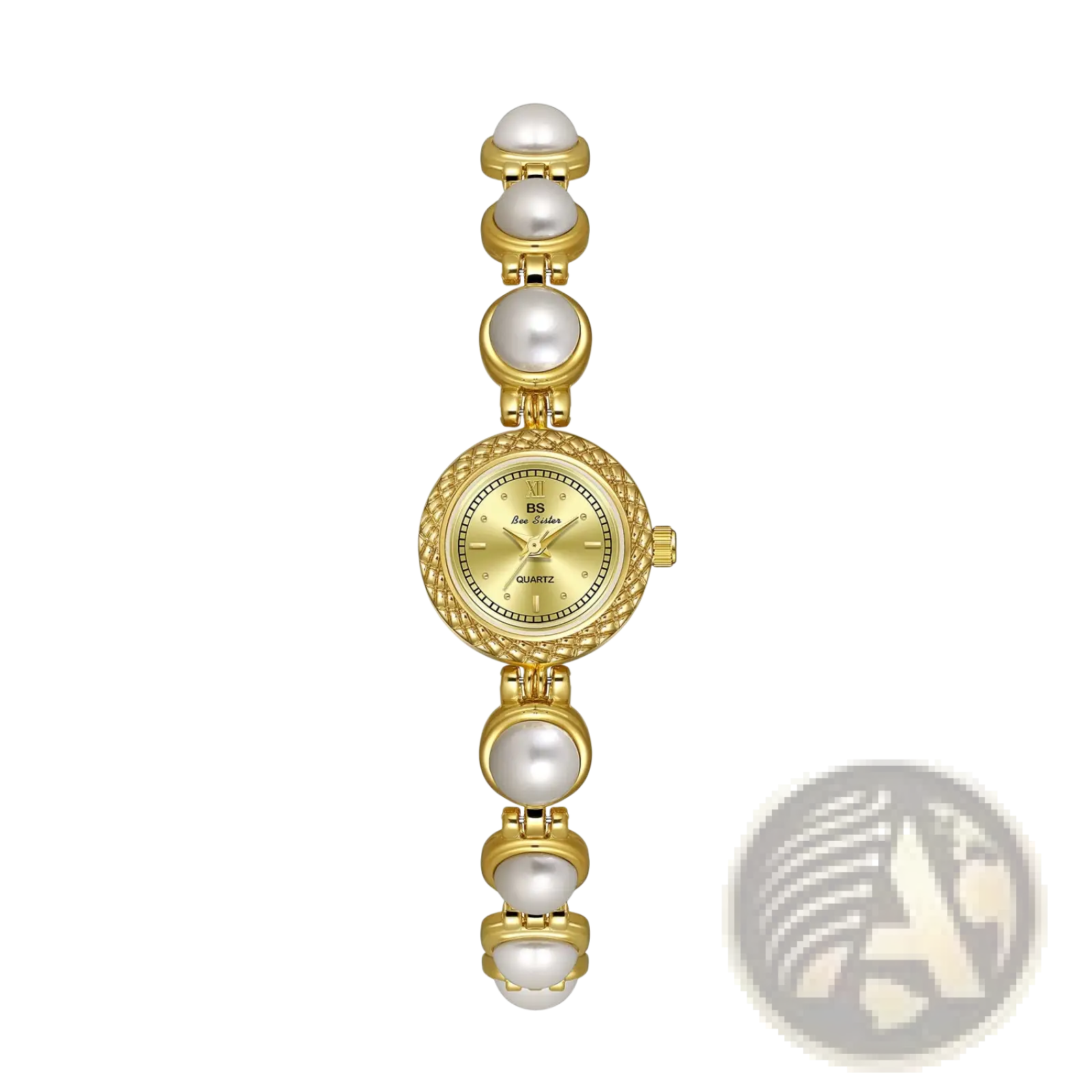Gold-toned elegant pearl bracelet quartz watch for women with a quilted bezel and classic analog dial