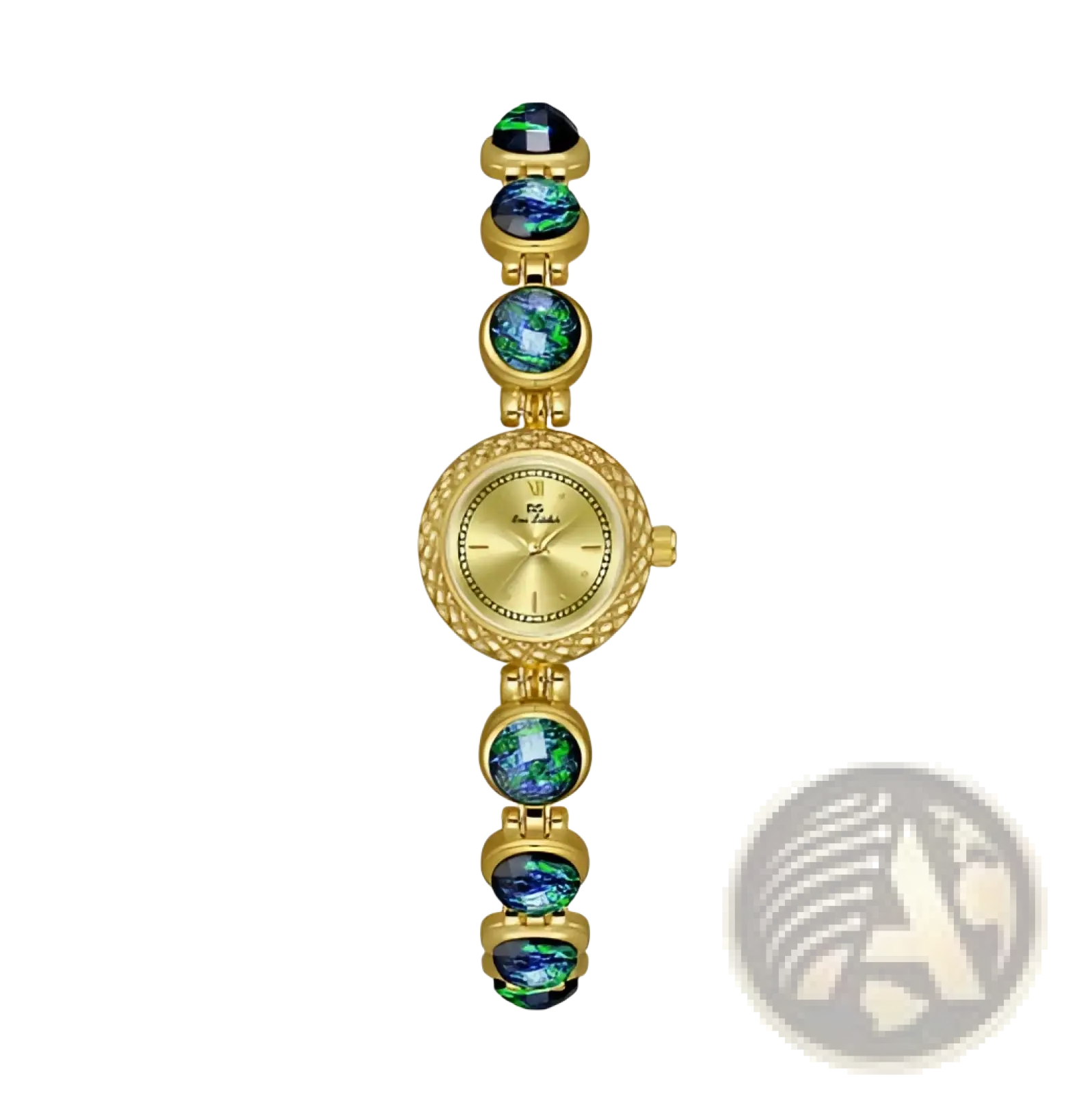 Elegant pearl bracelet quartz watch for women with gold-toned round face and textured bezel featuring opal stones