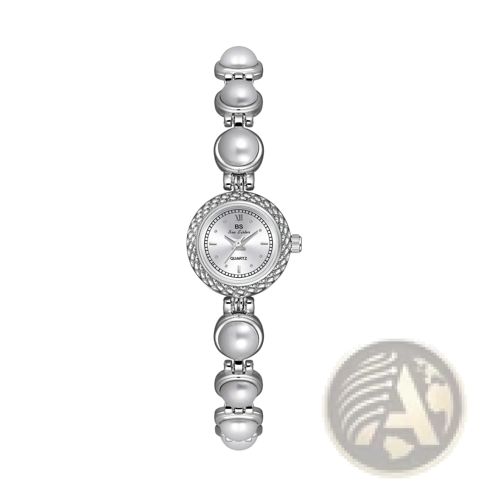Elegant pearl bracelet quartz watch for women with silver pearl accents and a round face featuring roman numerals