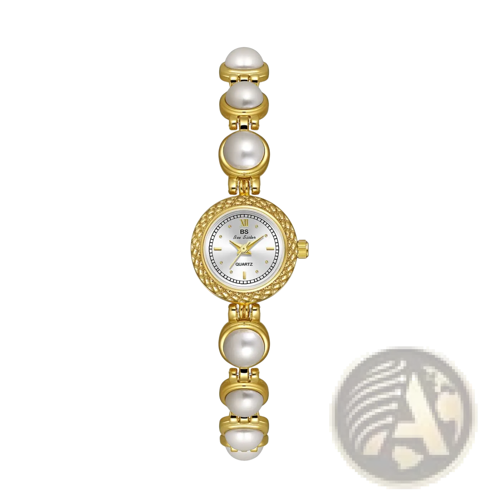 Elegant pearl bracelet quartz watch for women with gold-toned pearl-adorned band and white dial with roman numerals