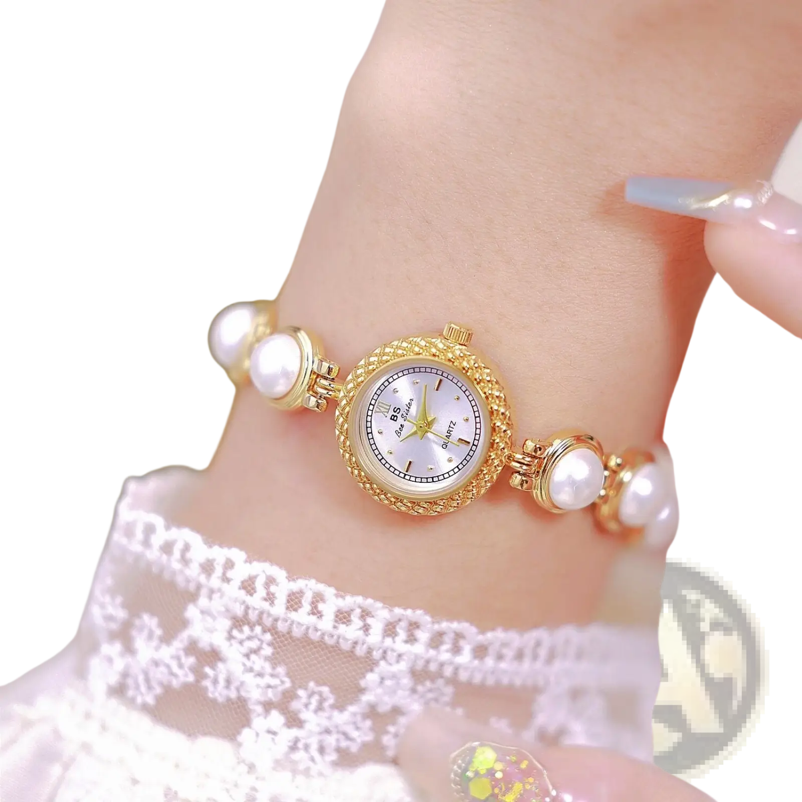 Elegant pearl bracelet quartz watch for women featuring a gold-toned band with pearls and a textured bezel