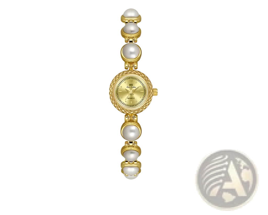 Elegant pearl bracelet quartz watch for women with gold-toned round face and pearl-adorned decorative links