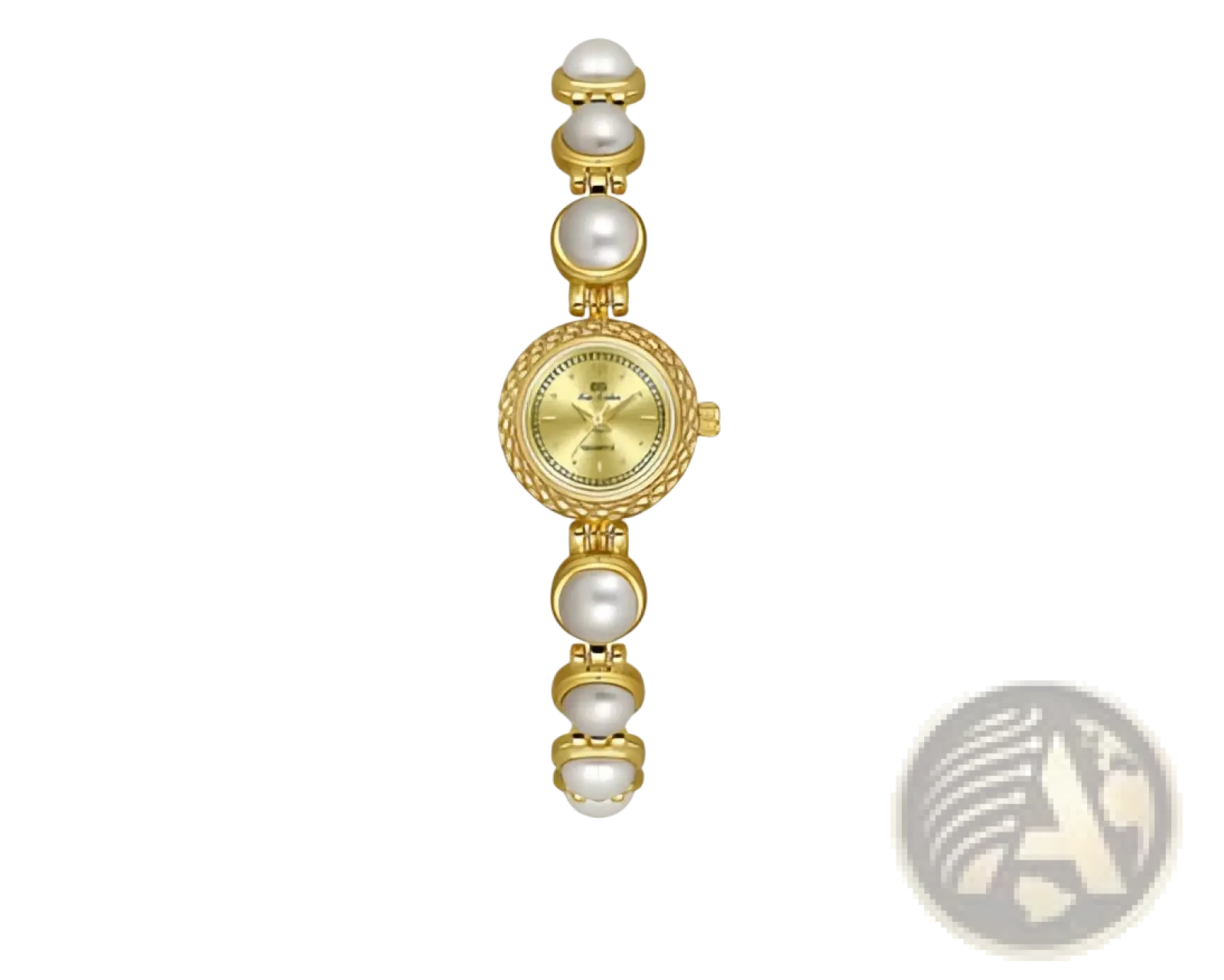 Elegant pearl bracelet quartz watch for women with gold-toned round face and pearl-adorned decorative links