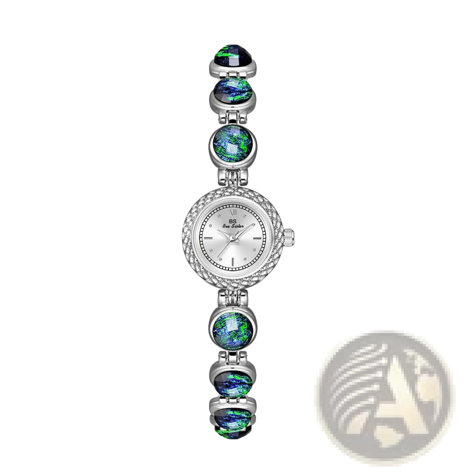 Elegant pearl bracelet quartz watch for women with silver-toned round face, roman numerals, textured bezel, and opal accents