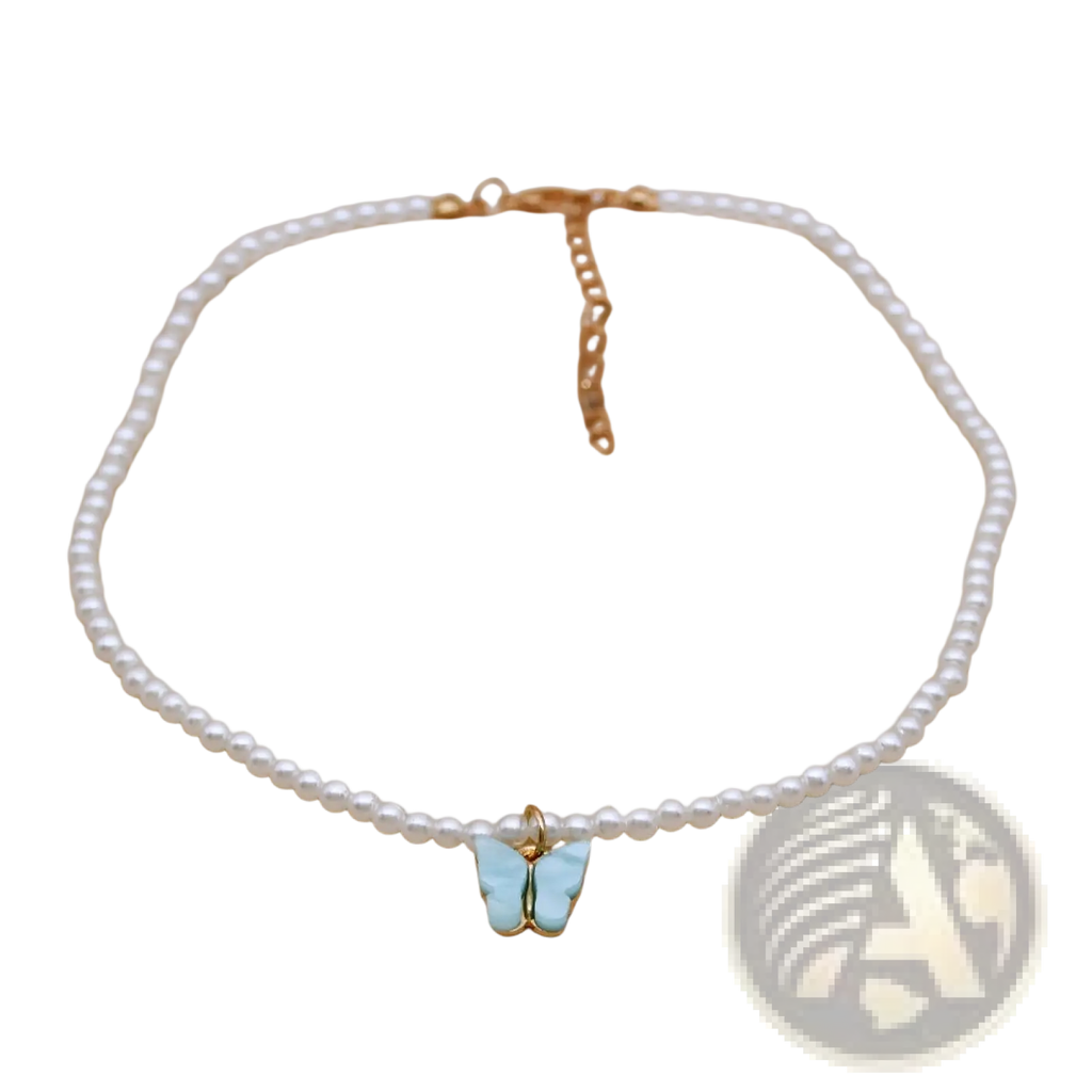Elegant pearl choker necklace with a light blue butterfly pendant and gold-tone accents