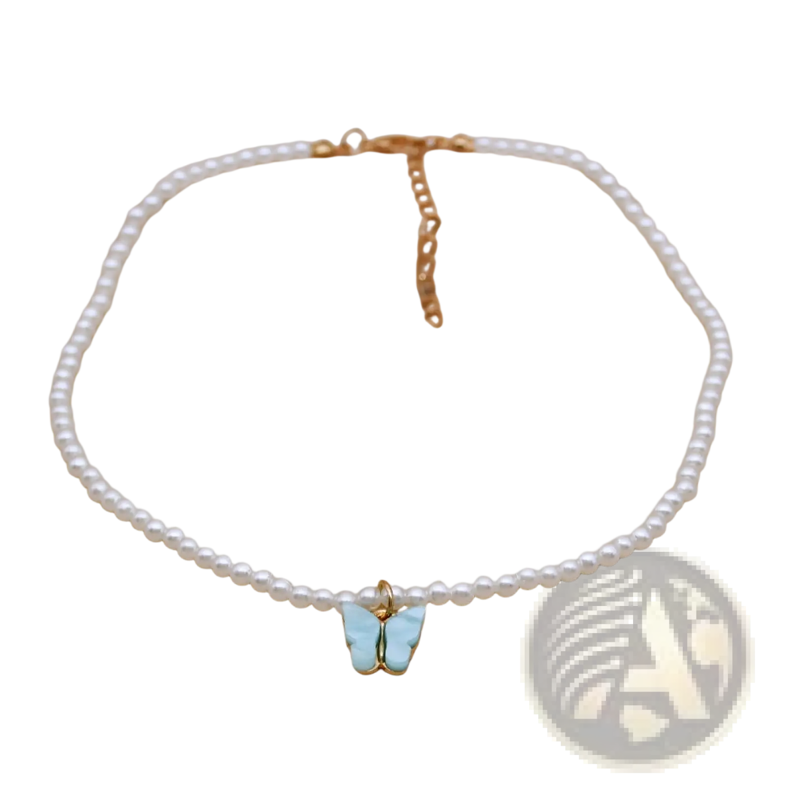 Elegant pearl choker necklace with a light blue butterfly pendant and gold-tone accents