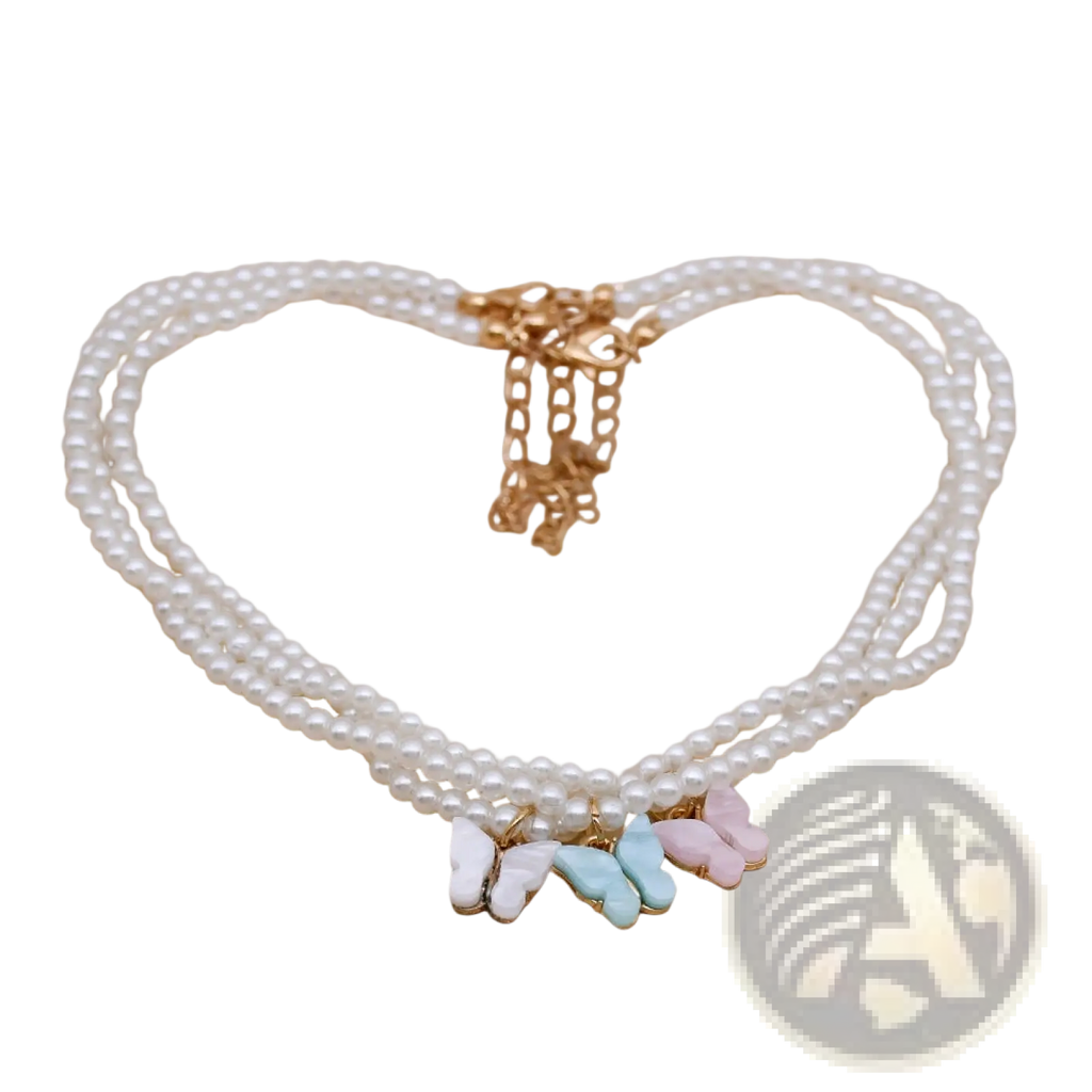 Elegant pearl butterfly charm choker necklace with triple strands and three pastel butterfly charms in white blue and pink